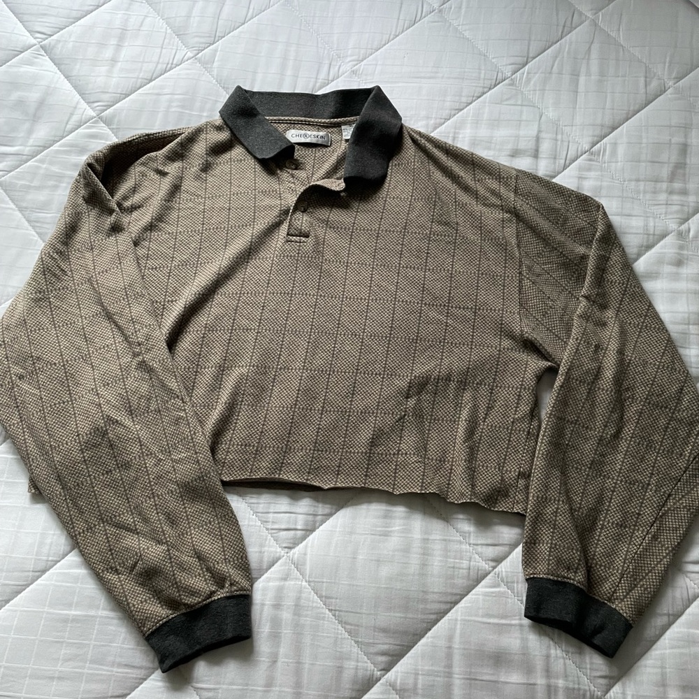 Cropped Vintage Brown and Grey Plaid Checkered Polo